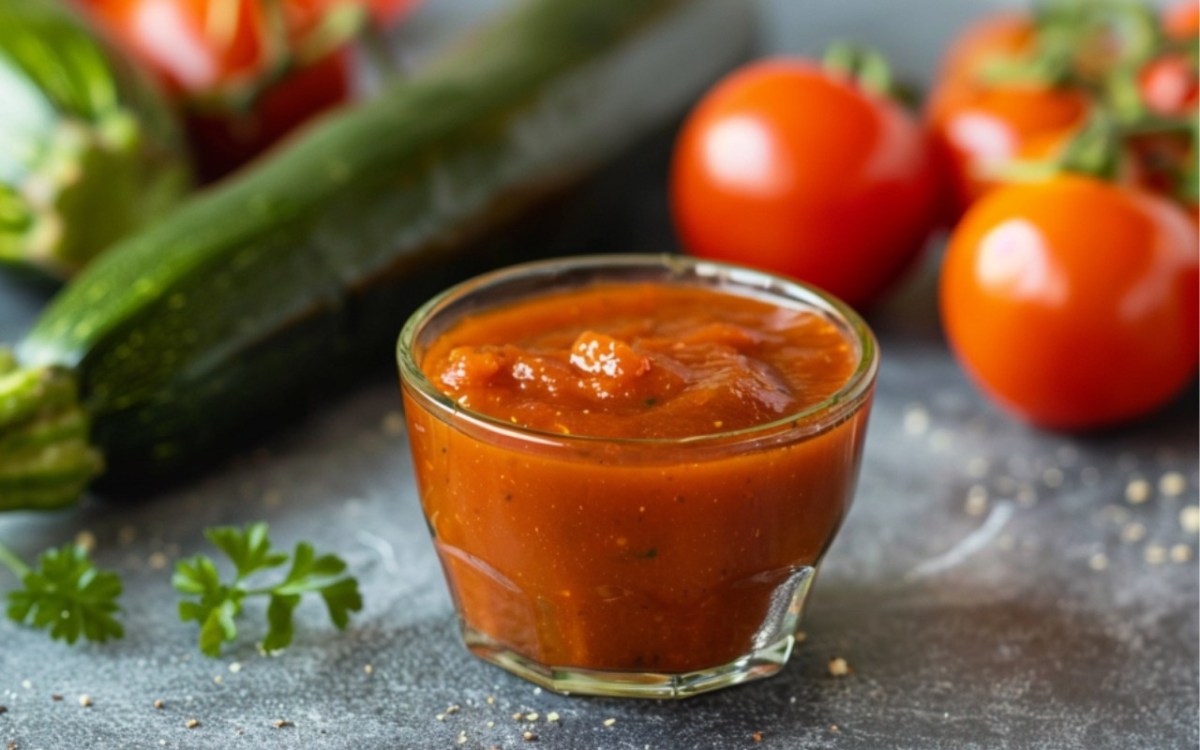 konsystencja domowego ketchupu czysta łyżka zanurzona w gęstym ketchupie z cukinii obok słoików