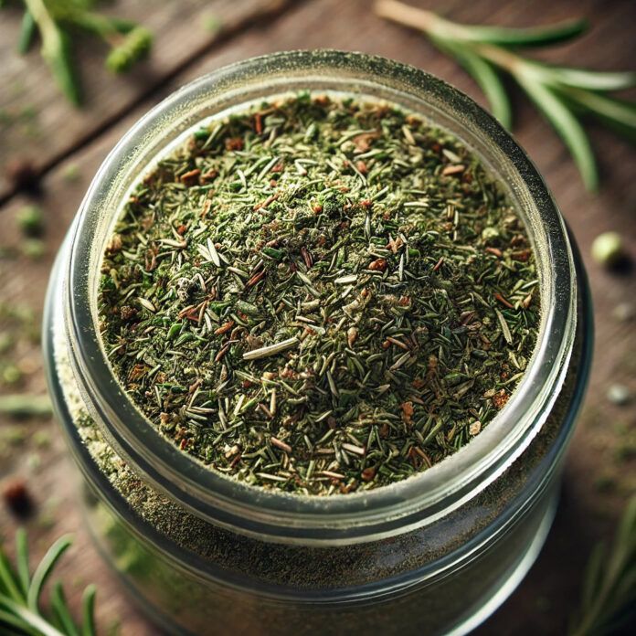 Mieszanka suszonych ziół prowansalskich w glinianej misce na drewnianym stole